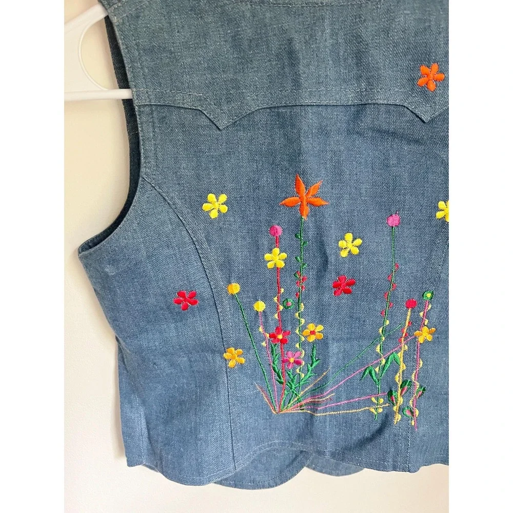 Vintage Children's 1970s‎ Flower Power Embroidered Denim Jean Vest Size L